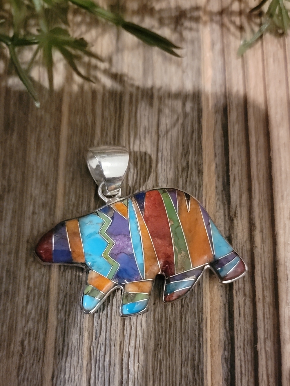 Sterling Silver Bear Mosaic Inlay Pendant - - Picture 2 of 9